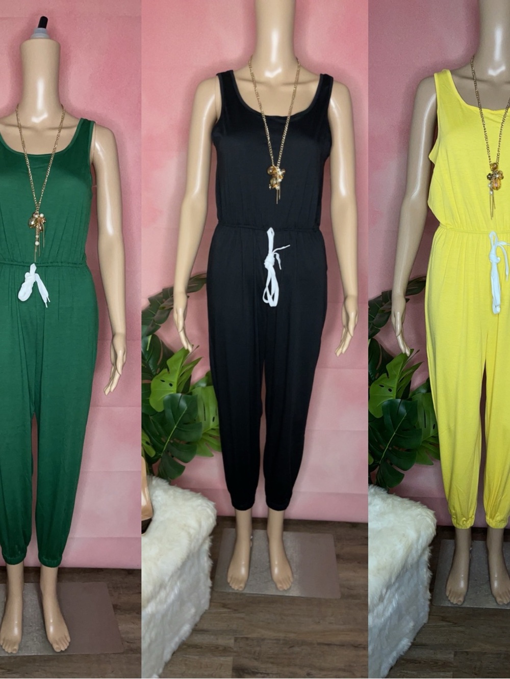 Sleeveless Drawstring Jumpsuit in Black, Green & Yellow